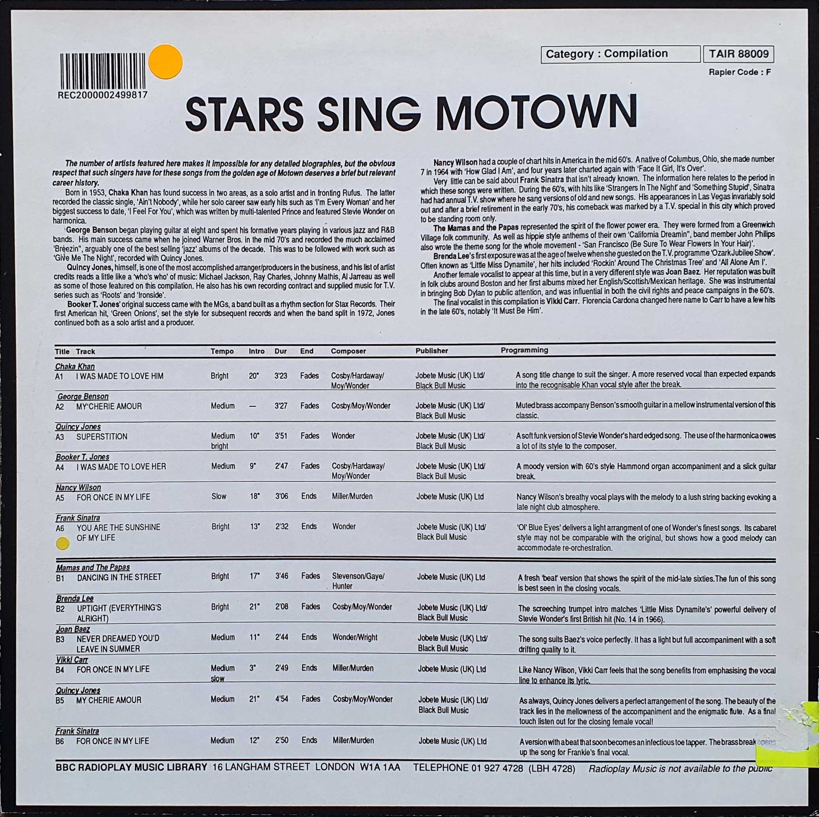 Back cover of TAIR 88009